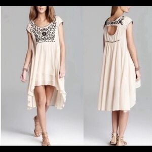 Free People Dress Marina Gauze Tan Black Embroidered Flowers S Boho Hi Low
